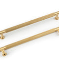 Top Tier Solid Brass Cabinet Pulls Brushed Matte Gold Furniture Hardware Seven And A Half Inch Long Drawer Knobs with ribbed design.