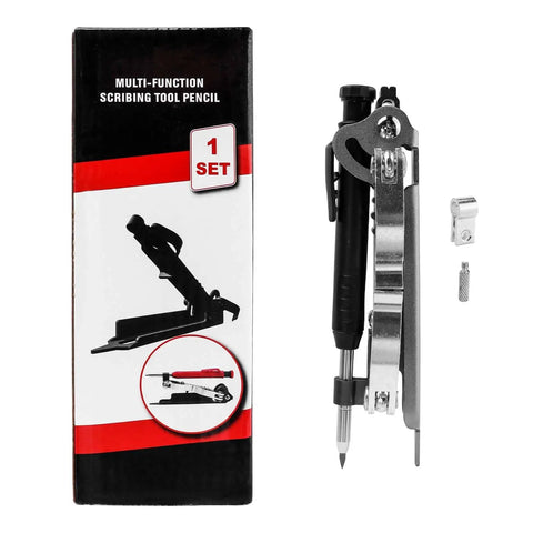 Built Tough Aluminum Alloy 4 In 1 Multipurpose Scribing Tool With Deep Hole Construction Pencil Precision Carpenter Compass Marking Gauge set on a box.