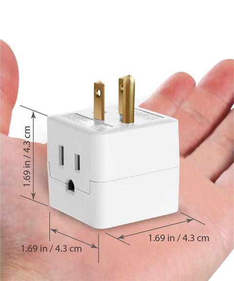 Right Angle 3 Outlet Plug Adapter, 90 Degree Wall Outlet Splitter Cube Tap, 3 Prong Grounded, held in hand with dimensions.