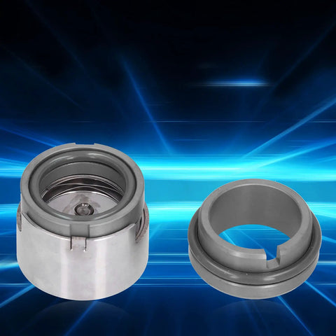 Heavy Duty Mechanical Pump Shaft Seal Featuring Swap In Seconds Graphite And Silicon Carbide Faces With A Built In Bellows Assembly For Rough Shop Jobs And Zero Down Time Repairs, silver and gray components on a blue background.