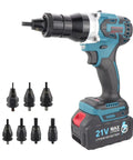 High Octane Cordless Electric Rivet Gun Kit Auto Rivets M3 To M12 Punches With Smart Button Panel and various punch sizes.