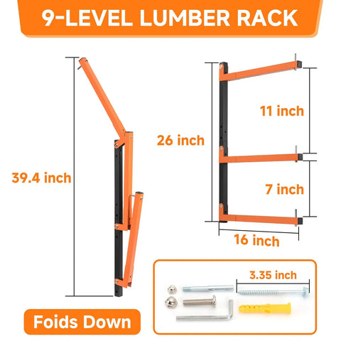 Diagram of Hella Strong Wall Mounted Lumber Rack Six Pack Wood Storage Organizer with dimensions and hardware.