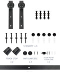 Heavy Duty 20x84 Inch Unfinished Solid Wood Barn Door With 5 Foot Sliding Hardware Kit parts including track, standoffs, and screws.