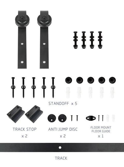 Heavy Duty 20x84 Inch Unfinished Solid Wood Barn Door With 5 Foot Sliding Hardware Kit parts including track, standoffs, and screws.