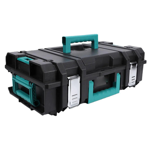 No Sweat Stackable Toolbox With Secure Latch And Custom Gear Sorting Tray Setup side view showing heavy-duty black ABS material and teal handles.