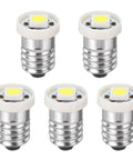 5 Pack Kickass E10 Screw Base LED Bulbs With Sweet Bright White Glow For Flashlights Dash Gauges Mini Switches Hobby Circuits And Tiny Electronics Built Badass Strong And Totally Plug And Play Ready on display.