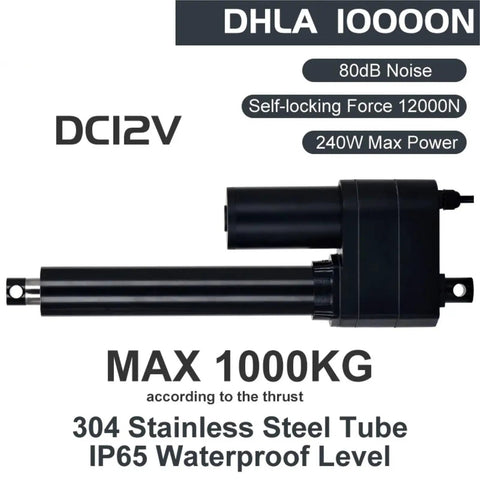 Heavy Duty Electric Linear Actuator DC 12 Volt Stainless Steel Motor Drive Push Rod Assembly with 1000kg thrust and waterproof design.