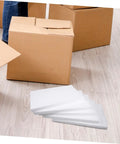 Top Shelf White Foam Board Packing Inserts For Shipping Cushion Protection Reusable Packaging Liners stacked beside cardboard boxes.