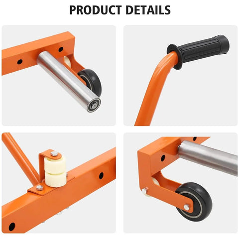 Product details of Hardcore Tire Dolly With Adjustable Handle And Slick Rolling Casters, showcasing steel frame, rollers, and grip.