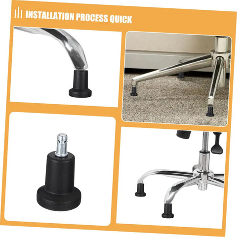 5 Pack Tall Fixed Stem Chair Wheel Stopper Guards For Office Desks Prevents Rolling On Smooth Floors Nonslip Heavy Duty showing installation steps.