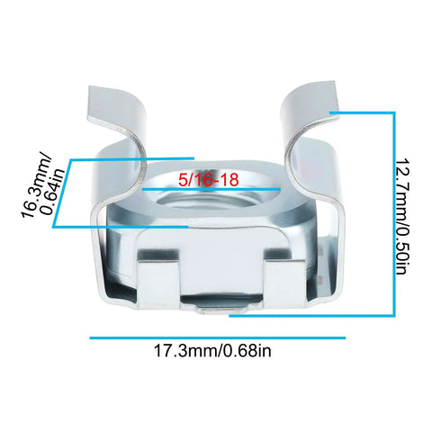 50 Piece Premium Self Retaining Cage Nuts With 5 16 18 Threads, showing dimensions of steel fastener, 17.3mm width