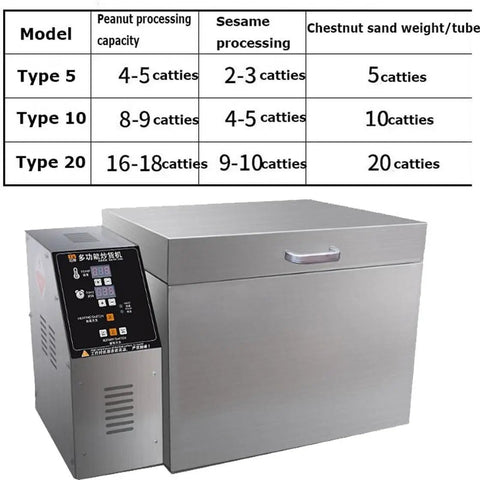 Heavy Duty Electric Nut Roaster For Coffee Beans And Peanuts, stainless steel design with capacity chart on top.