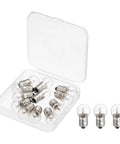 Twelve Piece Pack E10 Miniature Screw Base Light Bulbs 4.8 Volt 2.4 Watt Warm Yellow Glow inside a clear storage case.