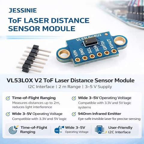 No Fuss VL53L0X V2 TOF Laser Distance Sensor Module with I2C hookup and pin header, perfect for small builds and prototyping.