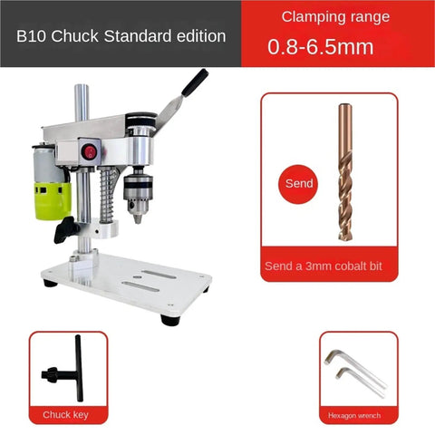 Top Shelf Mini Table Drill Knockout Tool For Diy Homes High Precision Dc Variable Speed Electric Drilling Rig showing B10 chuck, clamping range 0.8-6.5mm.