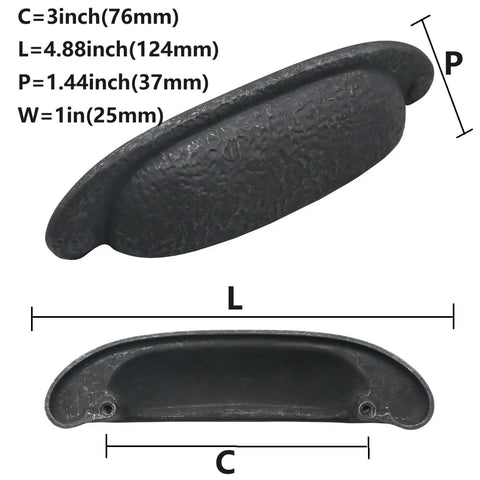 Solid As A Rock 10 Pack Rustic Cup Pulls In Matte Black Iron showing dimensions and details for kitchen cabinet upgrade.