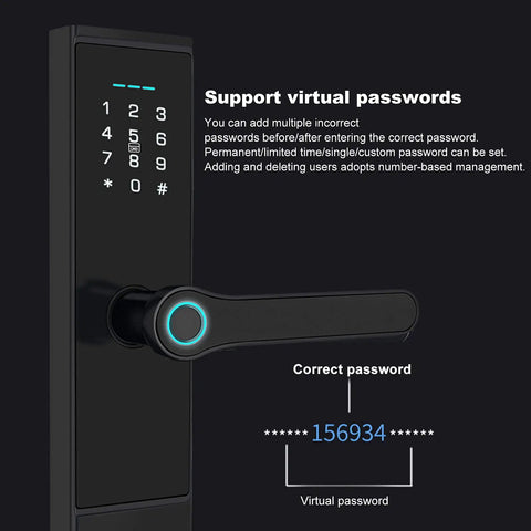 Rugged Keyless Entry Smart Door Lock With Fingerprint IC Card Password And App Control For Home Security, black keypad with virtual password support.