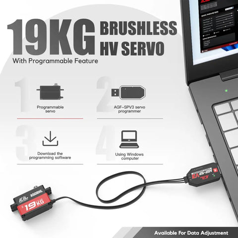 19KG programmable brushless HV servo setup with laptop connection for data adjustment, Low Profile Programmable Digital Servo With Beefy Torque And Brushless Full Metal Gear 0.073Sec Speed 25T Metal Horn For 1/10 RC Car Smooth 180 Degree Throw A50BHL