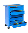 Heavy Duty 20 Inch Rolling Tool Chest Featuring 5 Slick Ball Bearing Drawers Rock Solid 360 Swivel Casters Scratch Proof Steel Work Top Blue Garage Organizer with three open drawers.