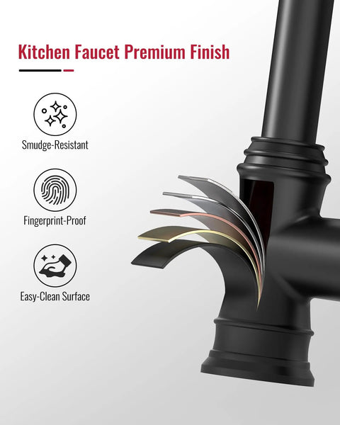 Detail of matte black kitchen faucet with pull down sprayer, premium finish showing smudge-resistant and fingerprint-proof features.