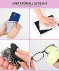 Glasses cleaning cloths, 12-pack blue microfiber, used to clean a smartphone screen.
Glasses cleaning cloths, white microfiber, used to wipe a tablet screen.
Glasses cleaning cloths, black microfiber, used to polish a watch face.
Glasses cleaning cloths, yellow microfiber, cleaning eyeglasses.