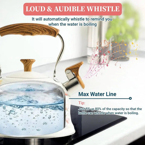 Image of Stovetop Whistling Tea Kettle Two Point Seven Quart Floral Pattern Stainless Steel Tea Pot With Wood Pattern Handle Perfect For Boiling Water Coffee Or Milk Durable All Stovetop Kitchen Must Have For Real Essential on a stovetop, showing water boiling.