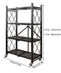 Nix The Clutter With This Game Changing Heavy Duty Folding Metal Organizer Shelf In Crisp White Featuring Three Tier Durable Wire Rack Versatile Display Stand And Multi Purpose Bookshelf For Home, black four-tier shelf rack with wheels.