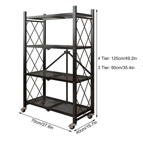 Nix The Clutter With This Game Changing Heavy Duty Folding Metal Organizer Shelf In Crisp White Featuring Three Tier Durable Wire Rack Versatile Display Stand And Multi Purpose Bookshelf For Home, black four-tier shelf rack with wheels.