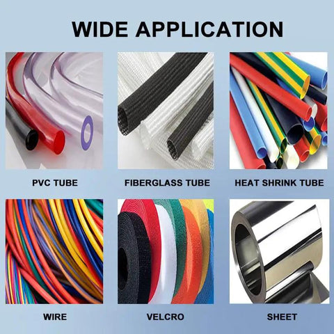 Killer Speed Automatic Electric Tube Cutter With Crisp Lcd Panel For Fast Precision Cuts Through Rubber Plastic Heat Shrink Tubing Industrial Grade Built Tough Slick Operation Gear displayed with various tubing types.