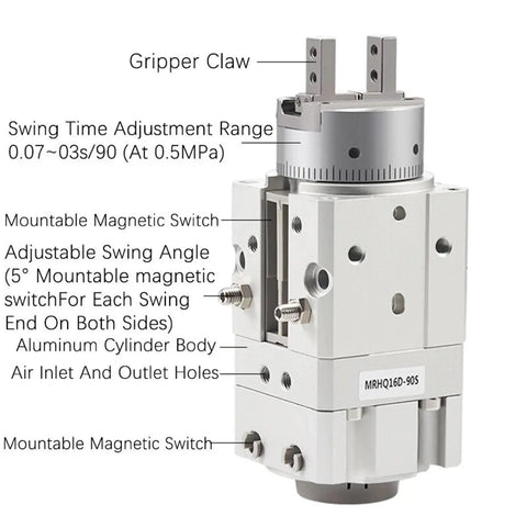 Top Shelf Angular Rotary Pneumatic Cylinder Piston Grip Unit Plug And Play Setup Smooth Operation Built Tough MRHQ16D with adjustable swing angle.