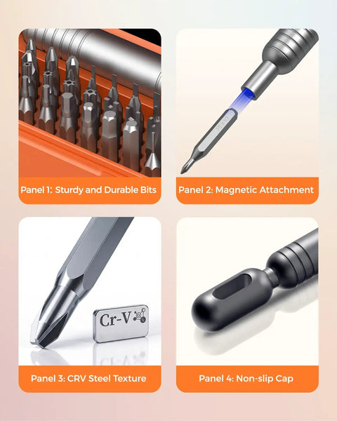 Knockout Precision Screwdriver Set Features Fifty Five Mini Bits Including Phillips Torx And Pentalobe For Phones Laptops Controllers Drones Eyewear And Electronics Plus A Slick Pocket Ready Storage Case You Can Easily Toss In Any Bag showcasing sturdy durable bits and magnetic attachment with CrV steel texture and non-slip cap.