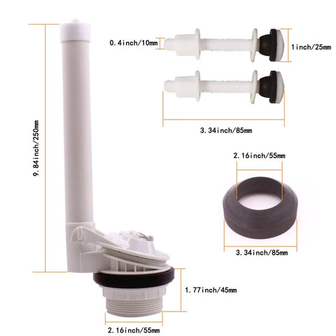 Built Tough Two Inch Toilet Flush Valve Replacement Kit With Sealed Gaskets And Reinforced Bolts For Standard Two Piece Tanks shown with dimensions.