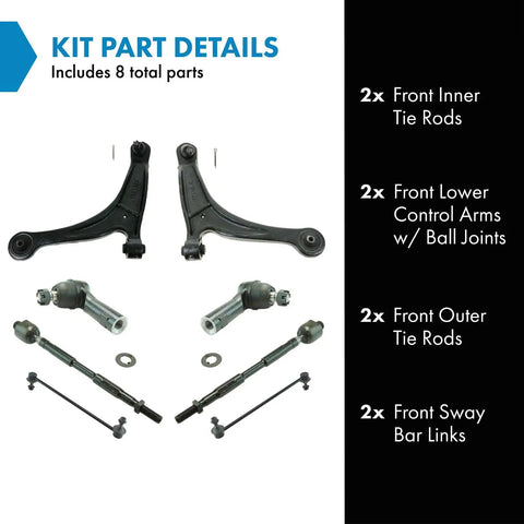Front Steering Suspension Repair Kit Includes Lower Control Arms With Ball Joints Sway Bar Links Inner Tie Rods Outer Tie Rods parts layout.