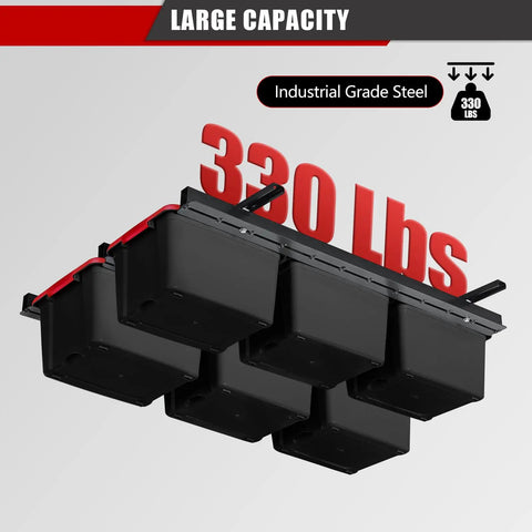Adjustable Overhead Garage Storage Rack Expandable Ceiling Organizer with black bins, heavy duty steel frame, 330 lbs capacity