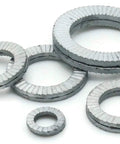 Heavy Hitters Wedge Lock Washers 5/8 Inch Pair Pre Assembled Glued Built Solid Alloy Steel Self Locking Hardware Cracks Down Tight For Grade 8 Bolts Rust Shielded Silver Pack Of 100 showing various sizes.
