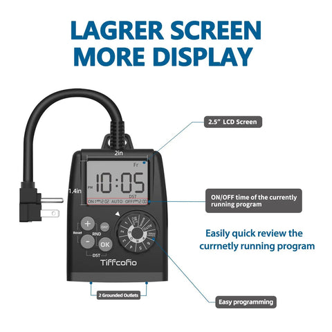 No Sweat Digital Outdoor Timer Outlet Featuring Easy Dial Programming And A Huge Clear Display Waterproof Dual Socket Layout Tailored For Christmas Lights And Backyard Gear At Sixteen Amps Rated with large LCD screen.