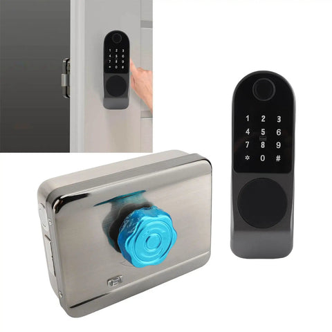 Foolproof Smart Biometric Door Lock With Wireless App Control And Instant Keyless Entry Heavy Duty Aluminum Alloy Fingerprint Deadbolt showing keypad and electronic mechanism.