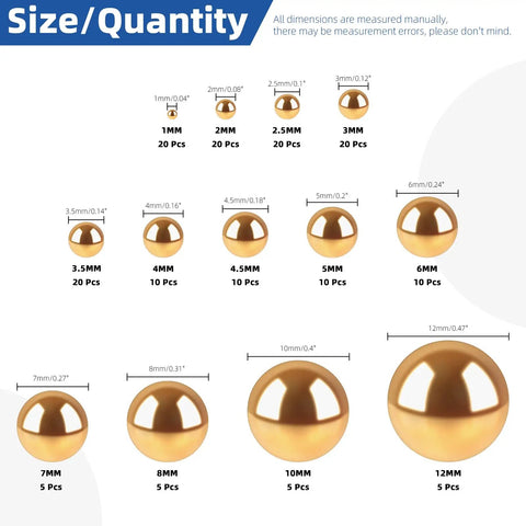 Built Tough Solid Brass Bearing Balls Assortment 160 Piece 1mm To 12mm Precision Hardened Metal Spheres size chart with quantity.