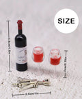 Hella Cool Miniature Red Wine Bottle Set Featuring Two Resin Filled Wine Glasses And A Static Corkscrew For Dollhouse Decor, sizes shown.