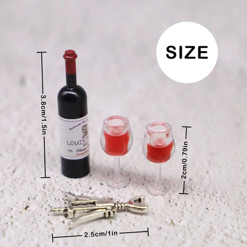 Hella Cool Miniature Red Wine Bottle Set Featuring Two Resin Filled Wine Glasses And A Static Corkscrew For Dollhouse Decor, sizes shown.