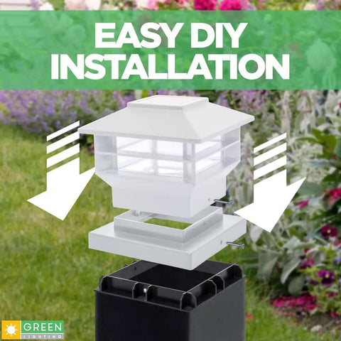 Two Tier Solar Post Cap Lights For 4x4 And 5x5 Posts White Waterproof Outdoor LED Fence Post Landscaping Deck Lighting 8 Pack Great For Garden Pathways Steps And Perimeter Lighting showing easy DIY installation.