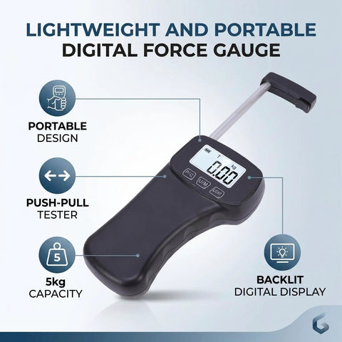 Precision Digital Force Gauge Push Pull Tester 11 Pound Capacity With Crisp Backlit Display and Rugged Carry Case view showing portable design and 5kg capacity.