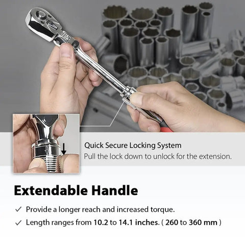 Person adjusting Locking Flexible Extendable Ratchet Wrench With A 180 Degree Flex Head for Three Eighth Inch Drive Reversible