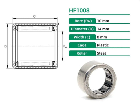 Pro Grade One Way Needle Roller Bearings 10 Pack HF1008 HF10148 Clutch drawn cup bushings measurements and specifications.