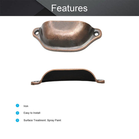 Top Shelf Vintage Shell Cabinet Pulls Slick Red Copper Finish For Kitchen Drawers And Dresser Doors Heavy Duty Iron Build 5 Piece Set close-up of iron cabinet handle with spray paint finish.