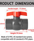 3/4 In SCH80 PVC Ball Valve Socket To Socket Shut Off Valve Quarter Turn Handle with dimensions for plumbing and irrigation use.