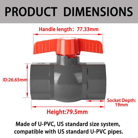 Top Shelf 3/4 Inch SCH80 Pvc Ball Valve With Slip Socket Ends For Zero Hassle Shut Off And Smooth Flow Control Perfect For Backyard Irrigation Pool Plumbing And Diy Setup Heavy Duty 8 Pack dimensions including height, handle length, and socket depth.
