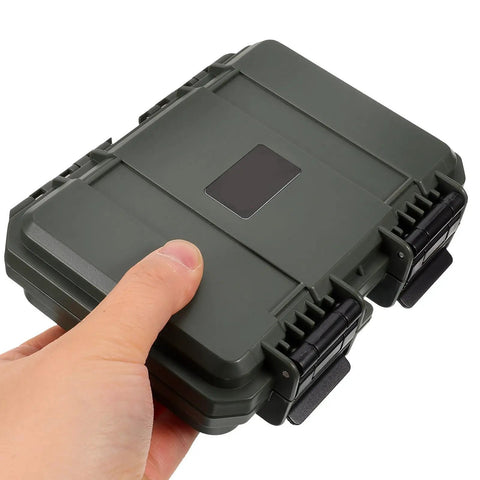 Dang Tough Portable Waterproof Plastic Toolbox With Rugged Latches For Nails Screws And Small Parts shown being held in hand.