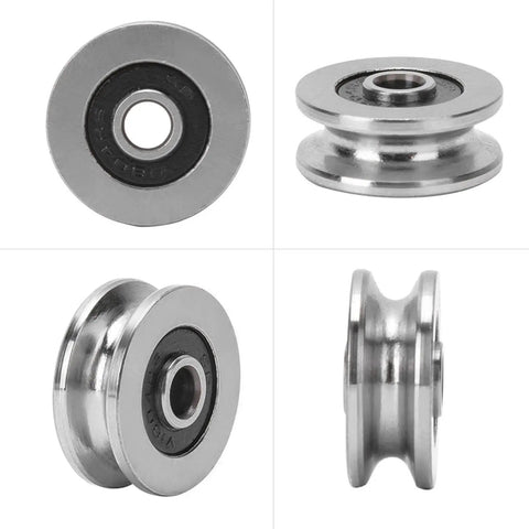 Straight Up V Groove Ball Bearings Made from Tough Bearing Steel, 4x18x8mm Track Rollers from different angles, 10 Pack Bundle.
