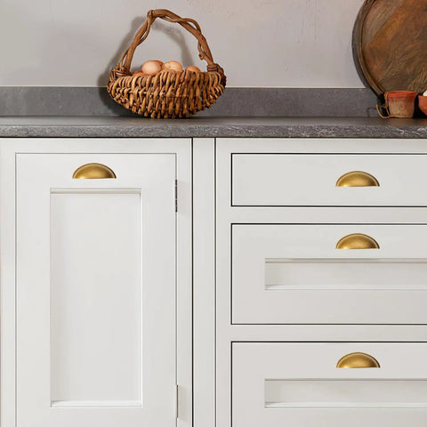 Hard-As-Nails 10 Pack Antique Brass Cabinet Cup Pulls With 3 Inch Hole Center For Vintage Kitchen Drawers and Bathroom Vanities Heavy Duty Zinc Alloy Handles Easy Install No Fuss Finish To Your Home Remodel Project In Minutes on white cabinets.